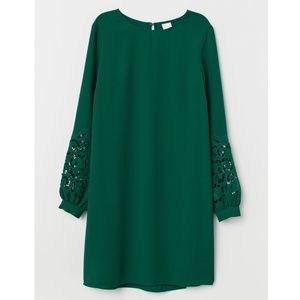 Green H&M Shift Dress with Lacey Long Sleeves